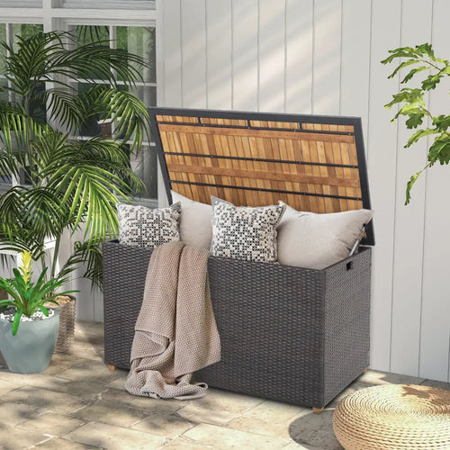134 Gallon Rattan Storage Box with Zippered Liner and Solid Acacia Wood Top - Brown - Sheds & Outdoor Storage