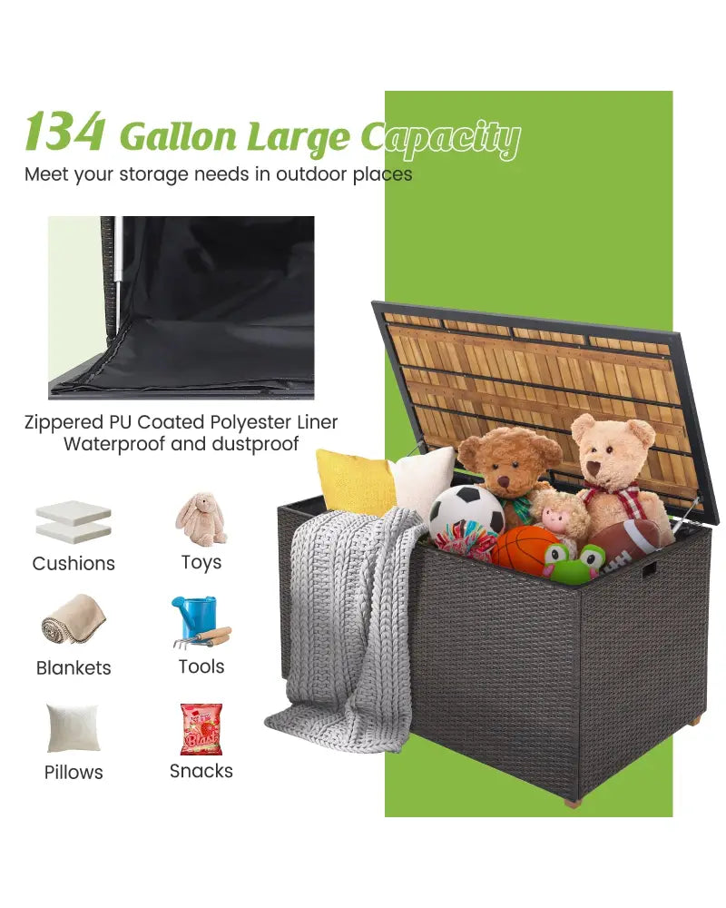 134 Gallon Rattan Storage Box with Zippered Liner and Solid Acacia Wood Top - Brown - Sheds & Outdoor Storage