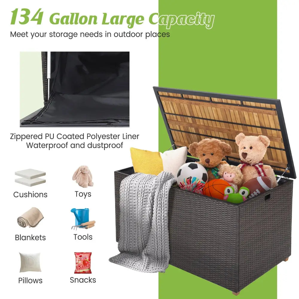 134 Gallon Rattan Storage Box with Zippered Liner and Solid Acacia Wood Top - Brown - Sheds & Outdoor Storage