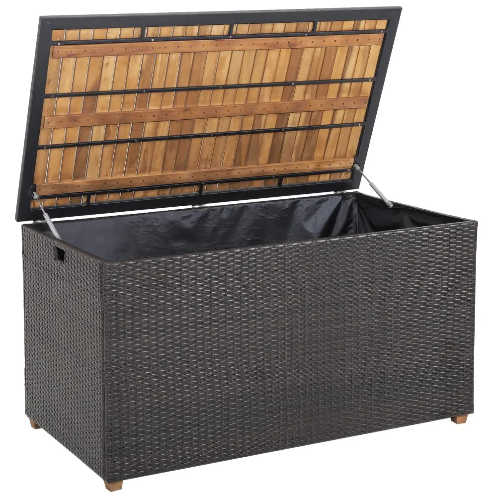 134 Gallon Rattan Storage Box with Zippered Liner and Solid Acacia Wood Top - Brown - Sheds & Outdoor Storage