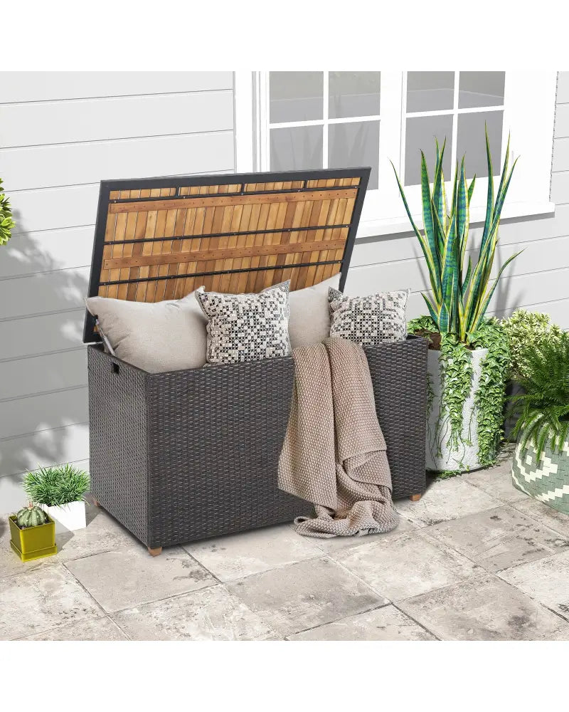 134 Gallon Rattan Storage Box with Zippered Liner and Solid Acacia Wood Top - Brown - Sheds & Outdoor Storage