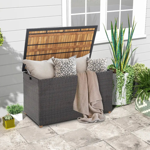 134 Gallon Rattan Storage Box with Zippered Liner and Solid Acacia Wood Top - Brown - Sheds & Outdoor Storage