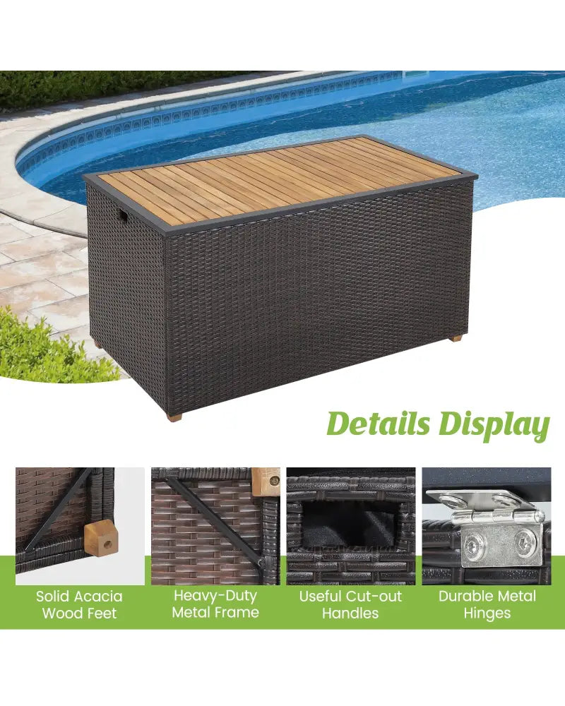 134 Gallon Rattan Storage Box with Zippered Liner and Solid Acacia Wood Top - Brown - Sheds & Outdoor Storage