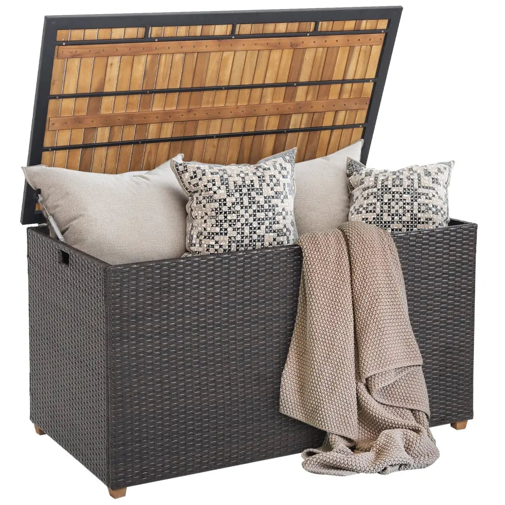 134 Gallon Rattan Storage Box with Zippered Liner and Solid Acacia Wood Top - Brown - Sheds & Outdoor Storage