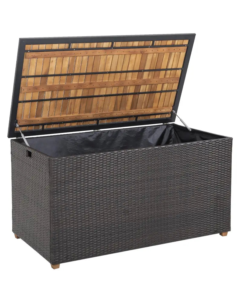 134 Gallon Rattan Storage Box with Zippered Liner and Solid Acacia Wood Top - Brown - Sheds & Outdoor Storage