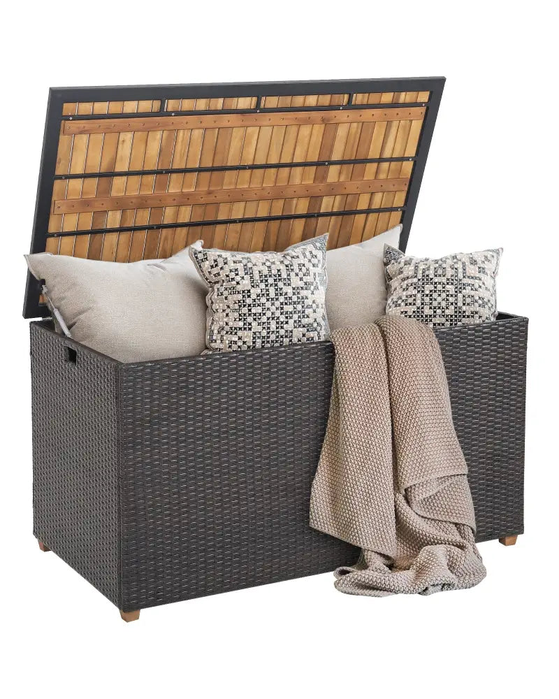 134 Gallon Rattan Storage Box with Zippered Liner and Solid Acacia Wood Top - Brown - Sheds & Outdoor Storage
