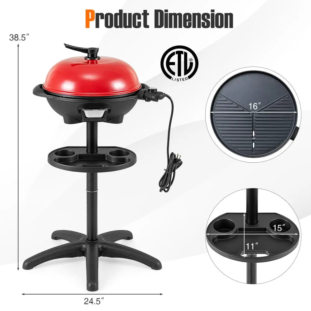 1350 W Outdoor Electric BBQ Grill with Removable Stand Easy to Install-Red - Red - Outdoor Grills
