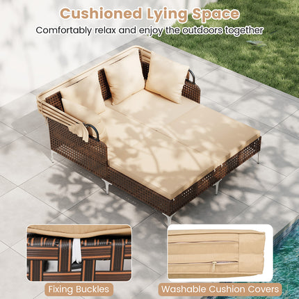 Outdoor Daybed with Retractable Canopy PE Wicker Rattan Patio Lounger-Brown