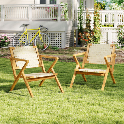Outdoor and Indoor Teak Wood Patio Chair wuth Webbing Seat and Backrest-Natural