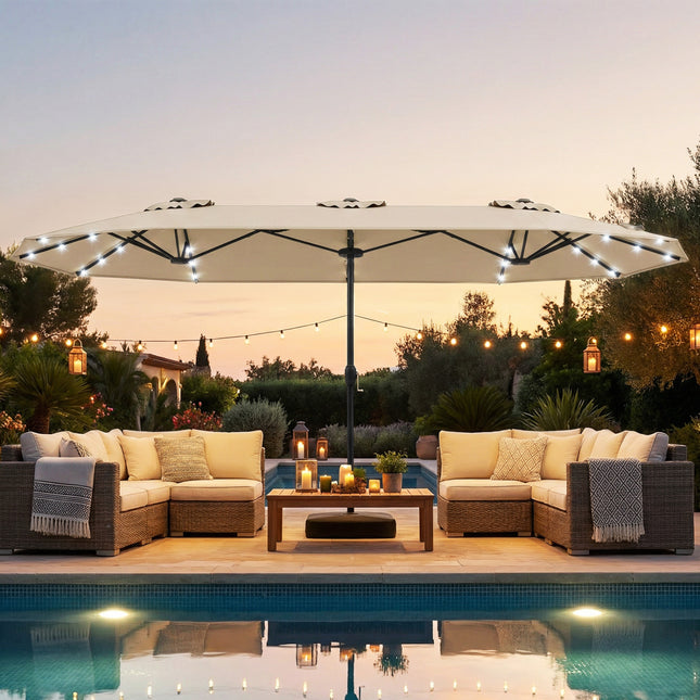 13FT Double-sided Patio Umbrella with Solar Lights for Garden Pool Backyard-Beige
