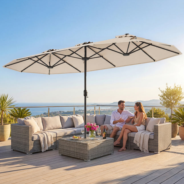 13FT Double-sided Patio Umbrella with Solar Lights for Garden Pool Backyard-Beige