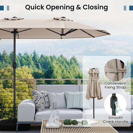 13FT Double-sided Patio Umbrella with Solar Lights for Garden Pool Backyard-Beige