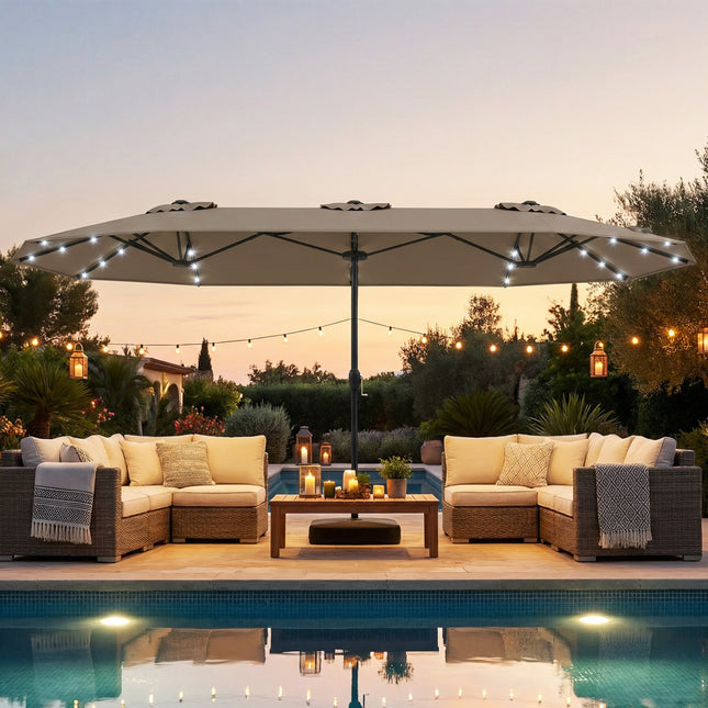 13FT Double-sided Patio Umbrella with Solar Lights for Garden Pool Backyard-Coffee