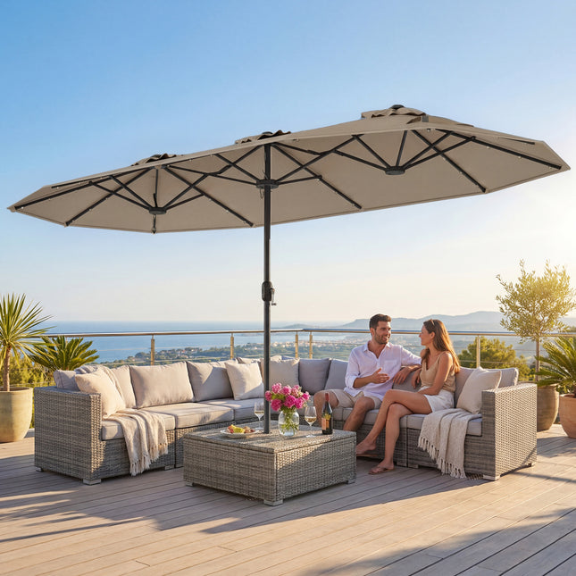 13FT Double-sided Patio Umbrella with Solar Lights for Garden Pool Backyard-Coffee