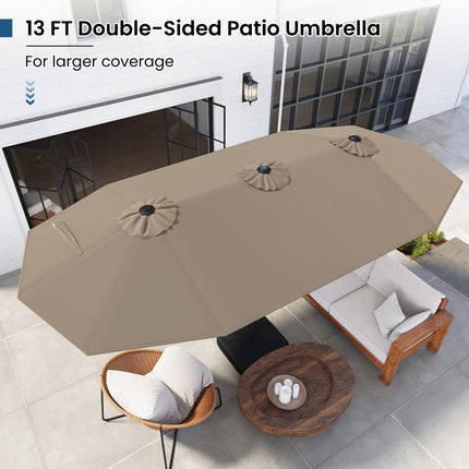 13FT Double-sided Patio Umbrella with Solar Lights for Garden Pool Backyard-Coffee