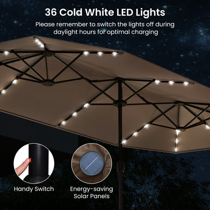 13FT Double-sided Patio Umbrella with Solar Lights for Garden Pool Backyard-Coffee
