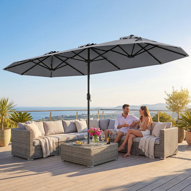 13FT Double-sided Patio Umbrella with Solar Lights for Garden Pool Backyard-Gray