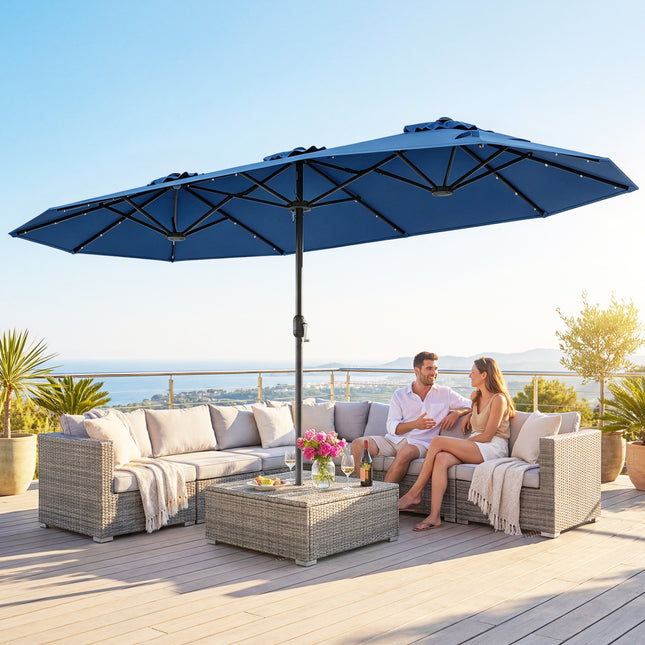 13FT Double-sided Patio Umbrella with Solar Lights for Garden Pool Backyard-Navy
