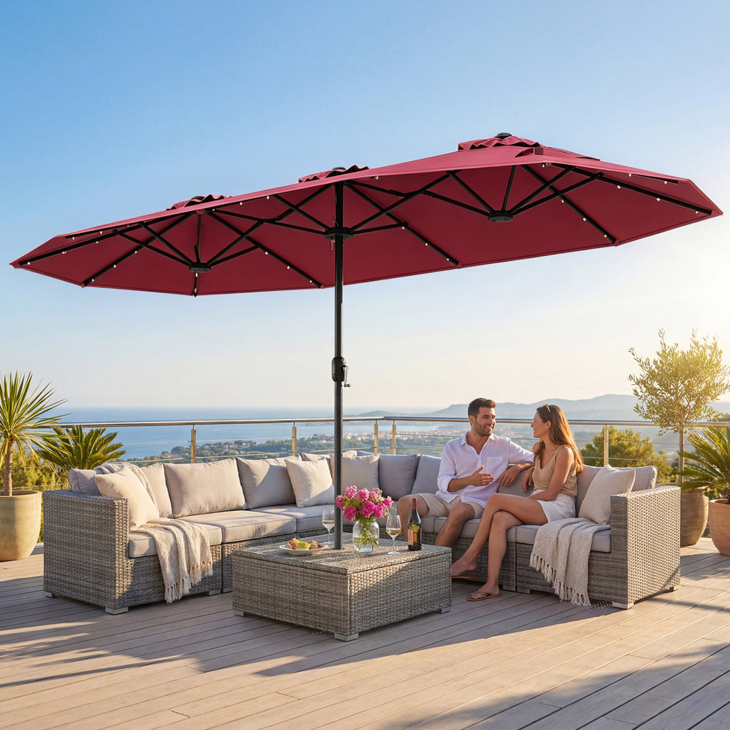 13FT Double-sided Patio Umbrella with Solar Lights for Garden Pool Backyard-Red
