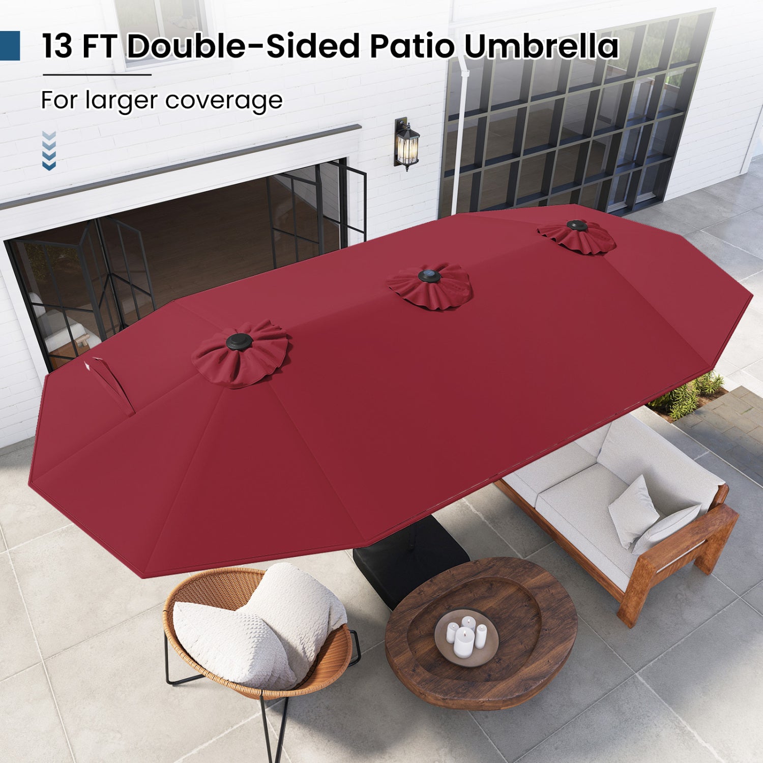 13FT Double-sided Patio Umbrella with Solar Lights for Garden Pool Backyard-Red