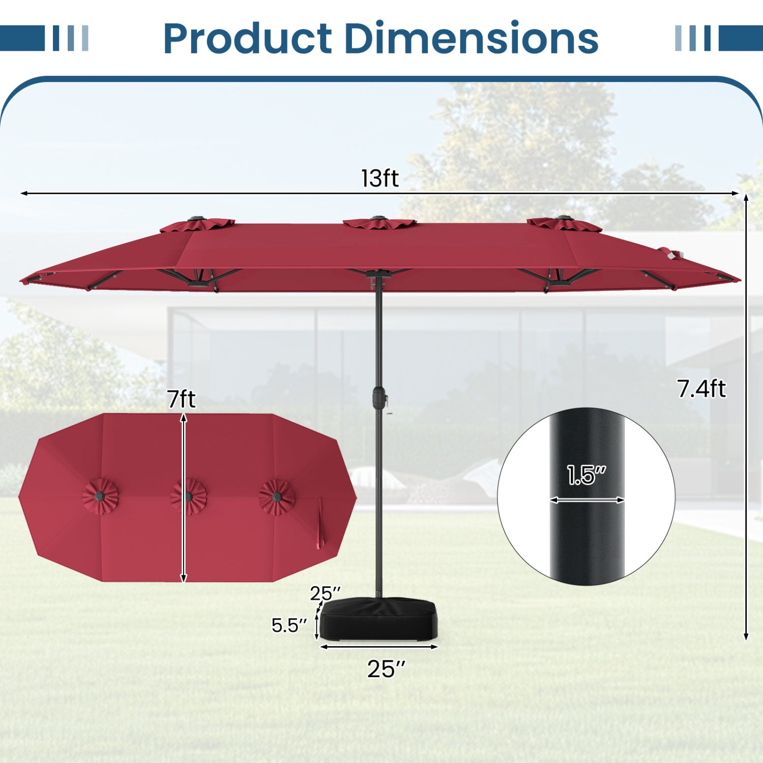 13FT Double-sided Patio Umbrella with Solar Lights for Garden Pool Backyard-Red
