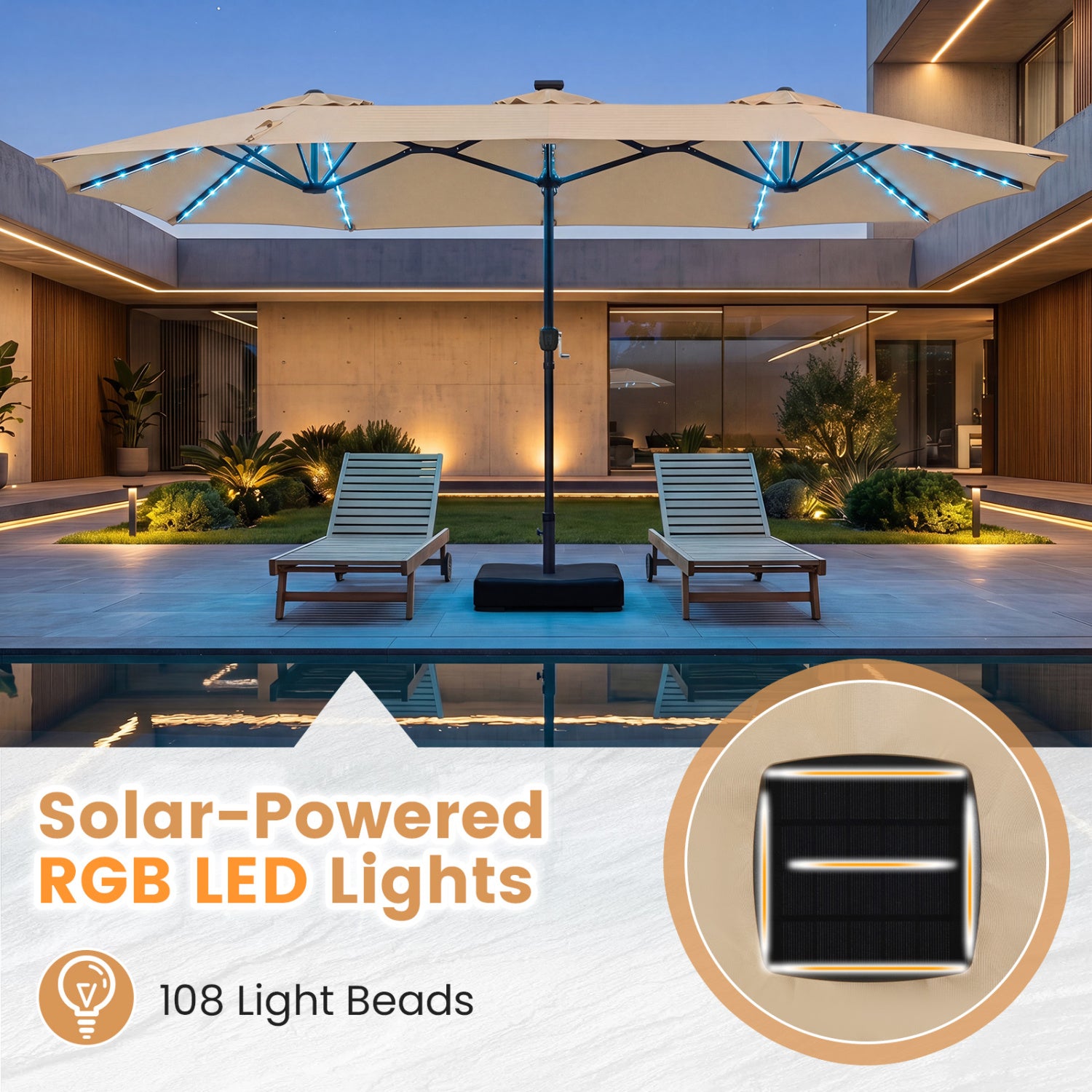13 FT Double-Sided Patio Umbrella with 108 LED Lights and Base Included-Beige