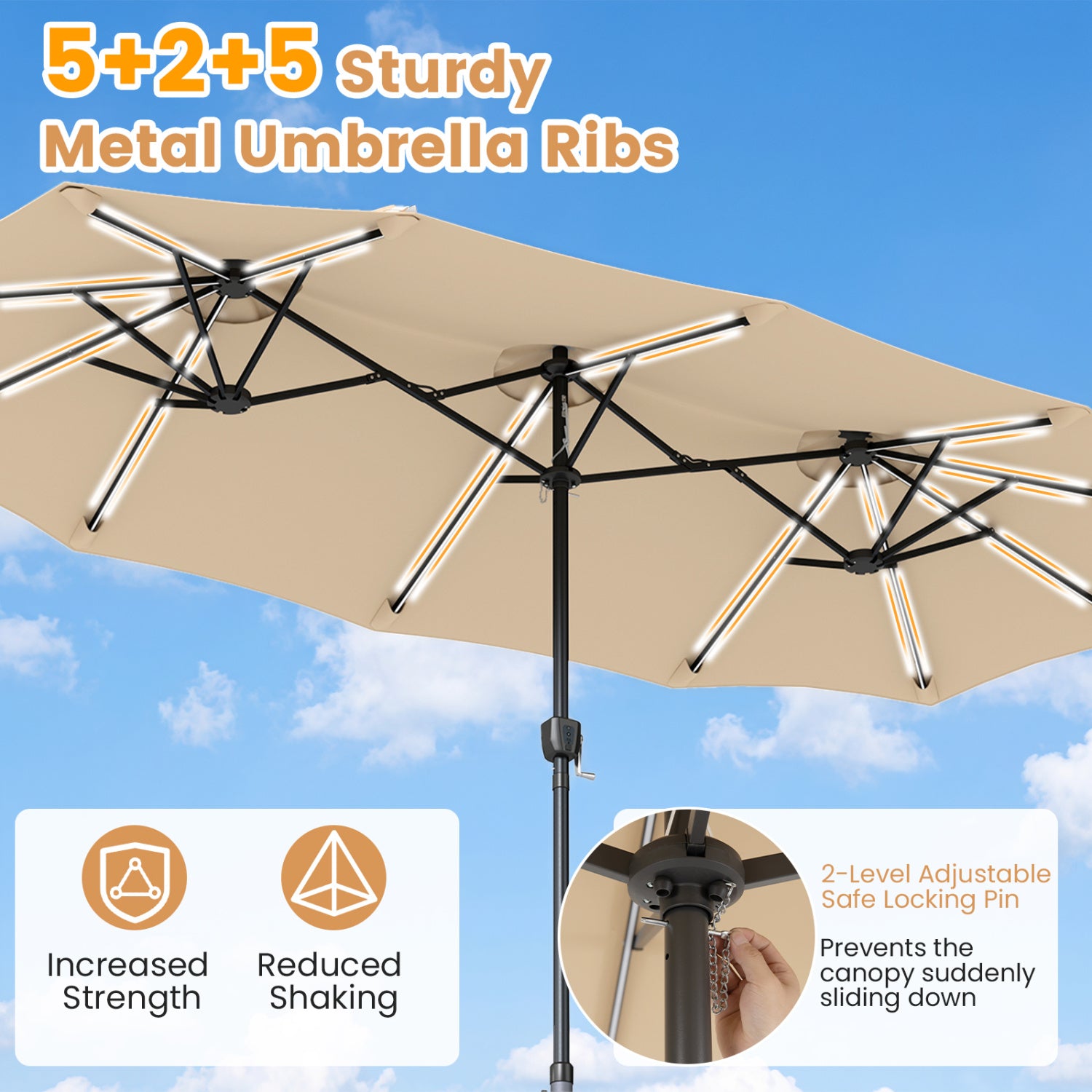 13 FT Double-Sided Patio Umbrella with 108 LED Lights and Base Included-Beige
