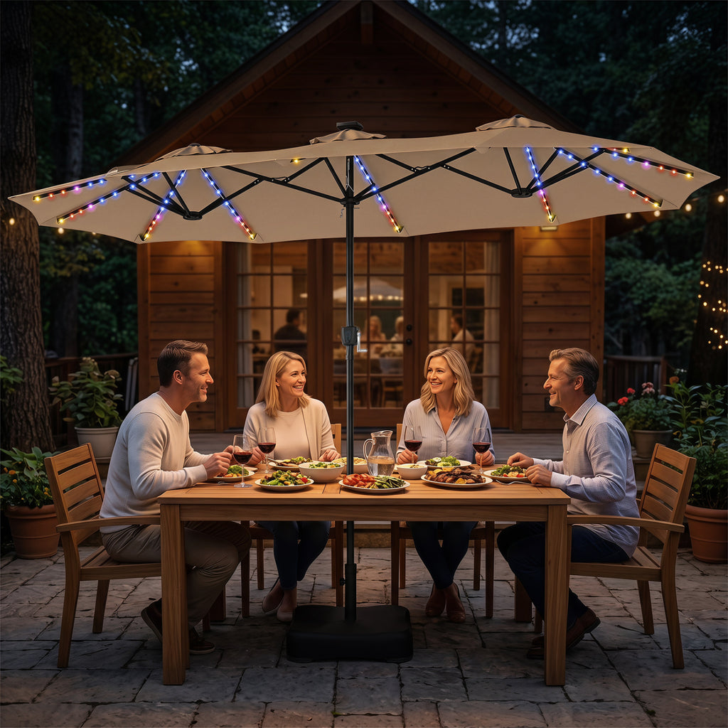 13 FT Double-Sided Patio Umbrella with 108 LED Lights and Base Included-Tan