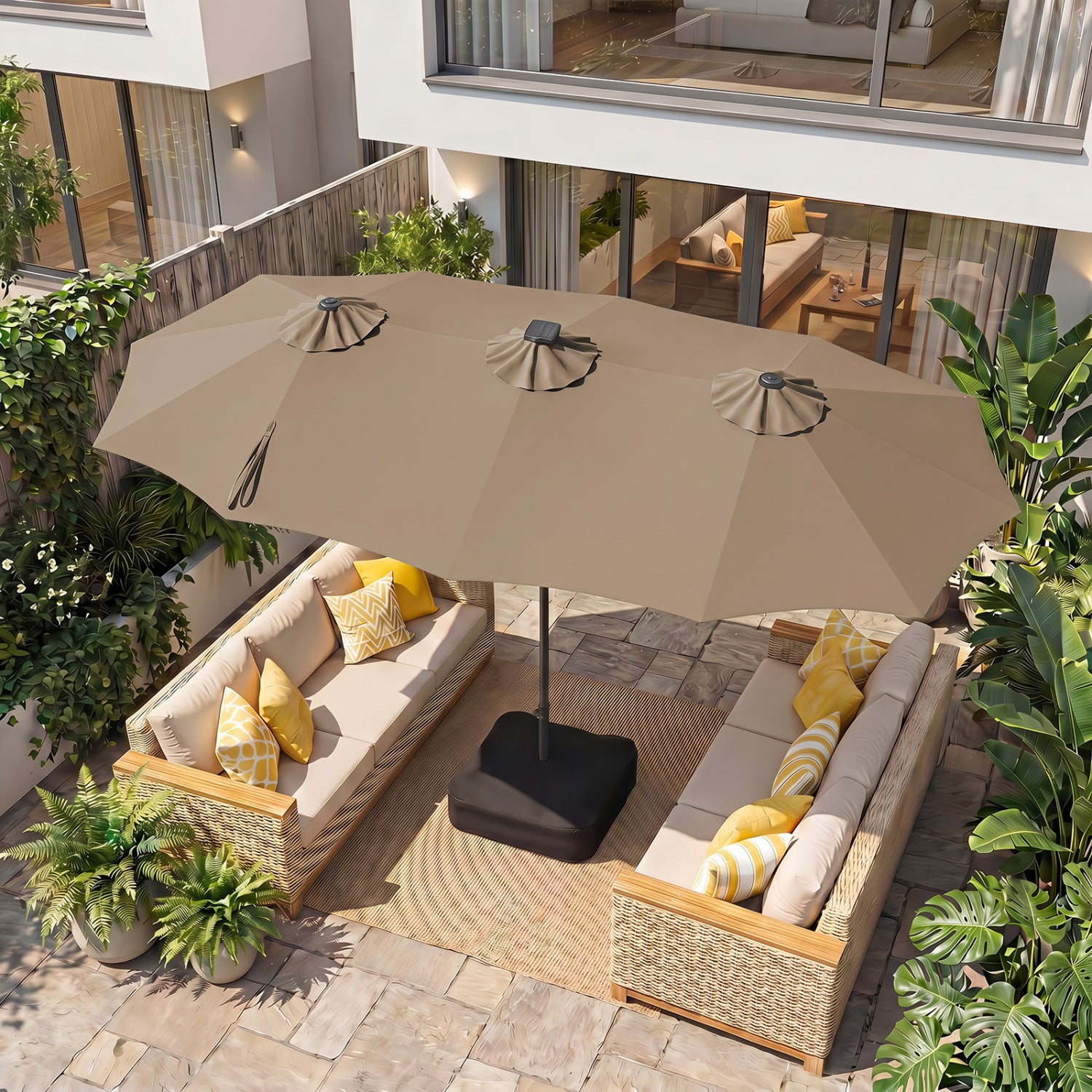 13 FT Double-Sided Patio Umbrella with 108 LED Lights and Base Included-Tan