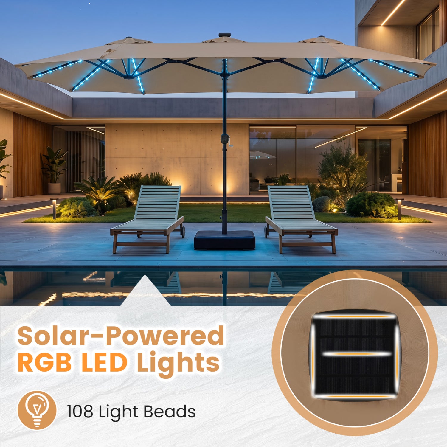 13 FT Double-Sided Patio Umbrella with 108 LED Lights and Base Included-Tan