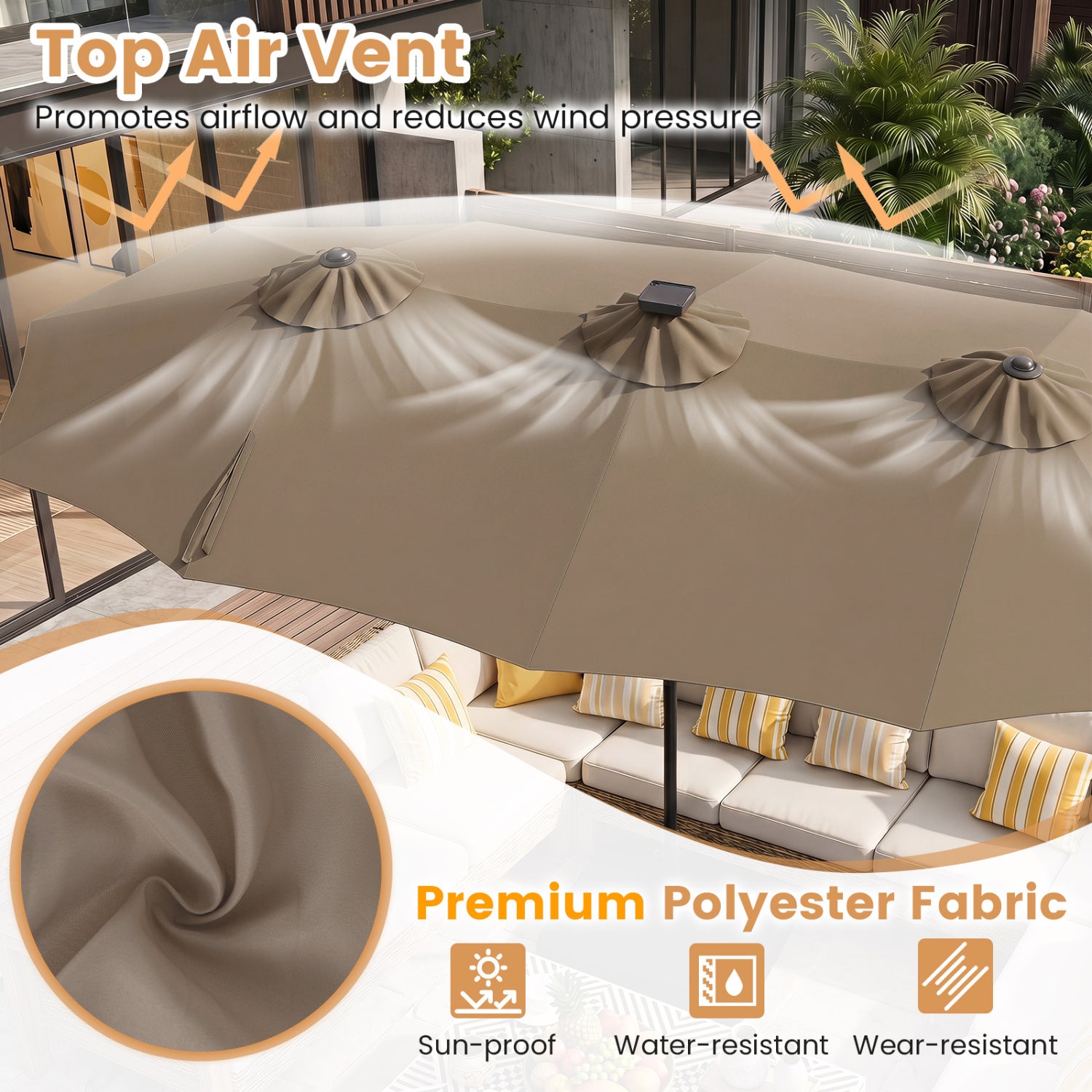 13 FT Double-Sided Patio Umbrella with 108 LED Lights and Base Included-Tan