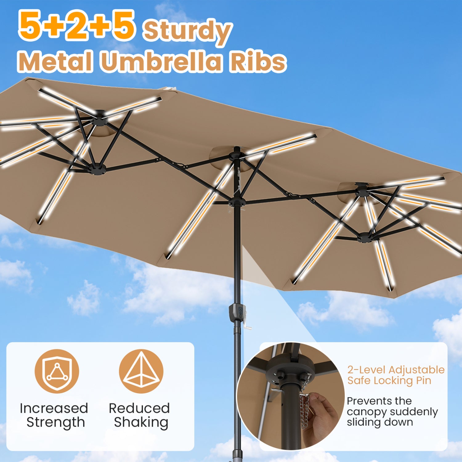 13 FT Double-Sided Patio Umbrella with 108 LED Lights and Base Included-Tan