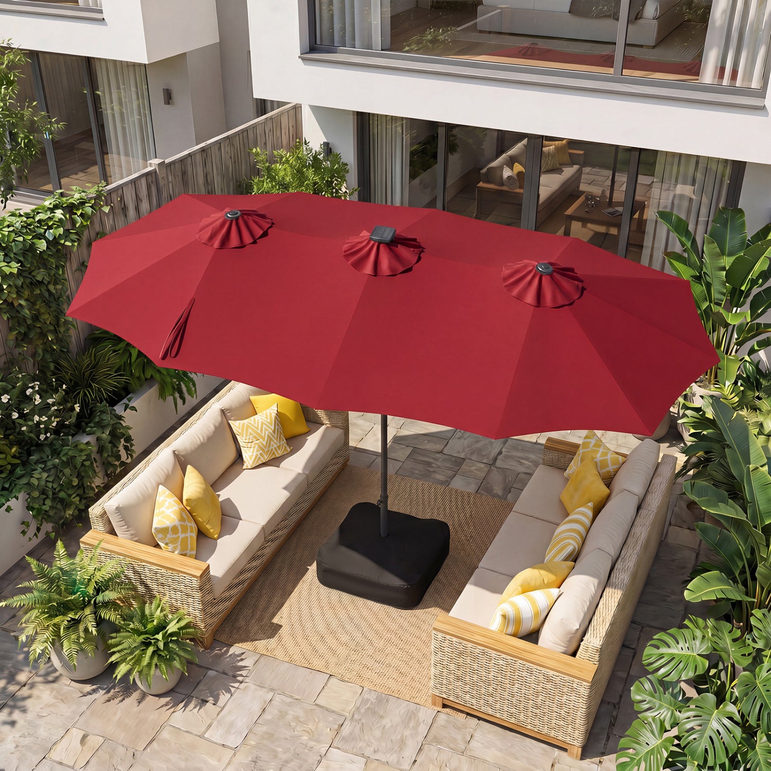 13 FT Double-Sided Patio Umbrella with 108 LED Lights and Base Included-Wine
