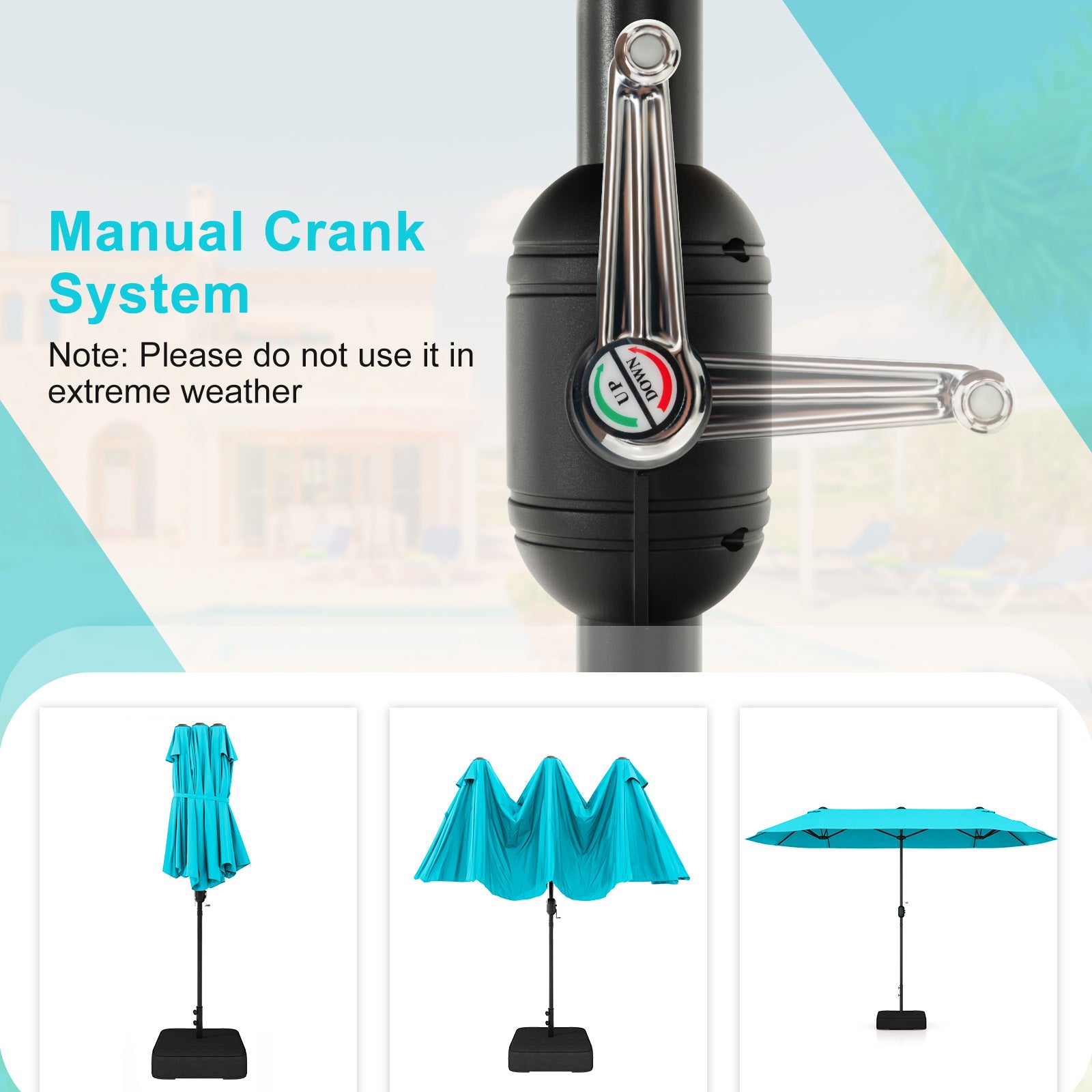13 Feet Double-Sided Patio Twin Table Umbrella with Crank Handle-Turquoise