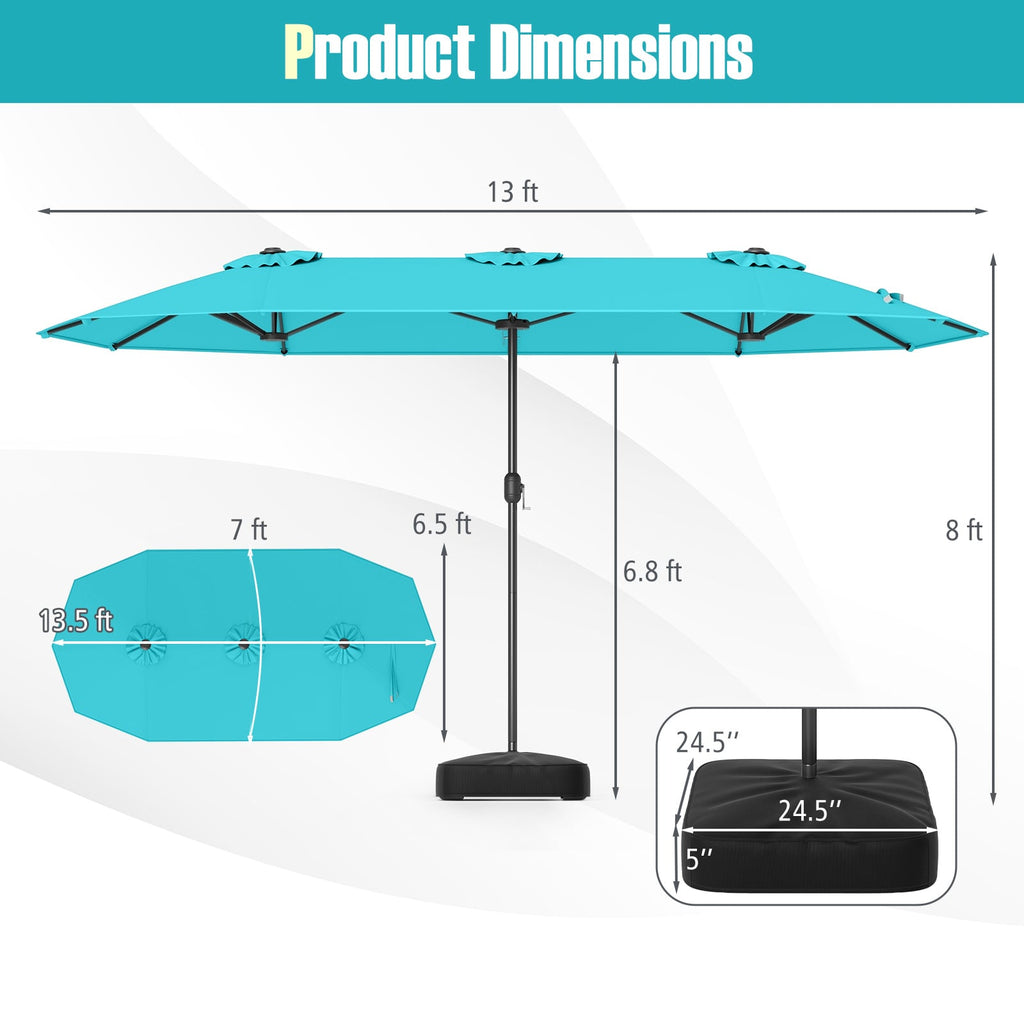 13 Feet Double-Sided Patio Twin Table Umbrella with Crank Handle-Turquoise