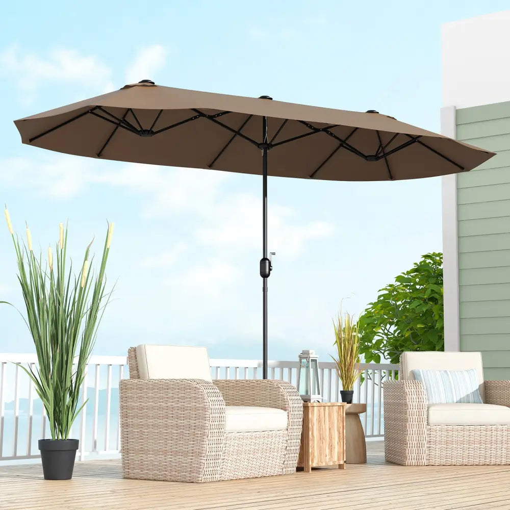 13FT Double-sided Patio Twin Table Umbrella with Crank Handle-Tan - Tan - Outdoor Umbrellas