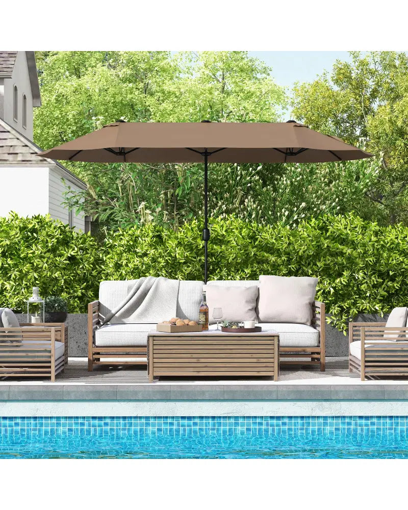 13FT Double-sided Patio Twin Table Umbrella with Crank Handle-Tan - Tan - Outdoor Umbrellas