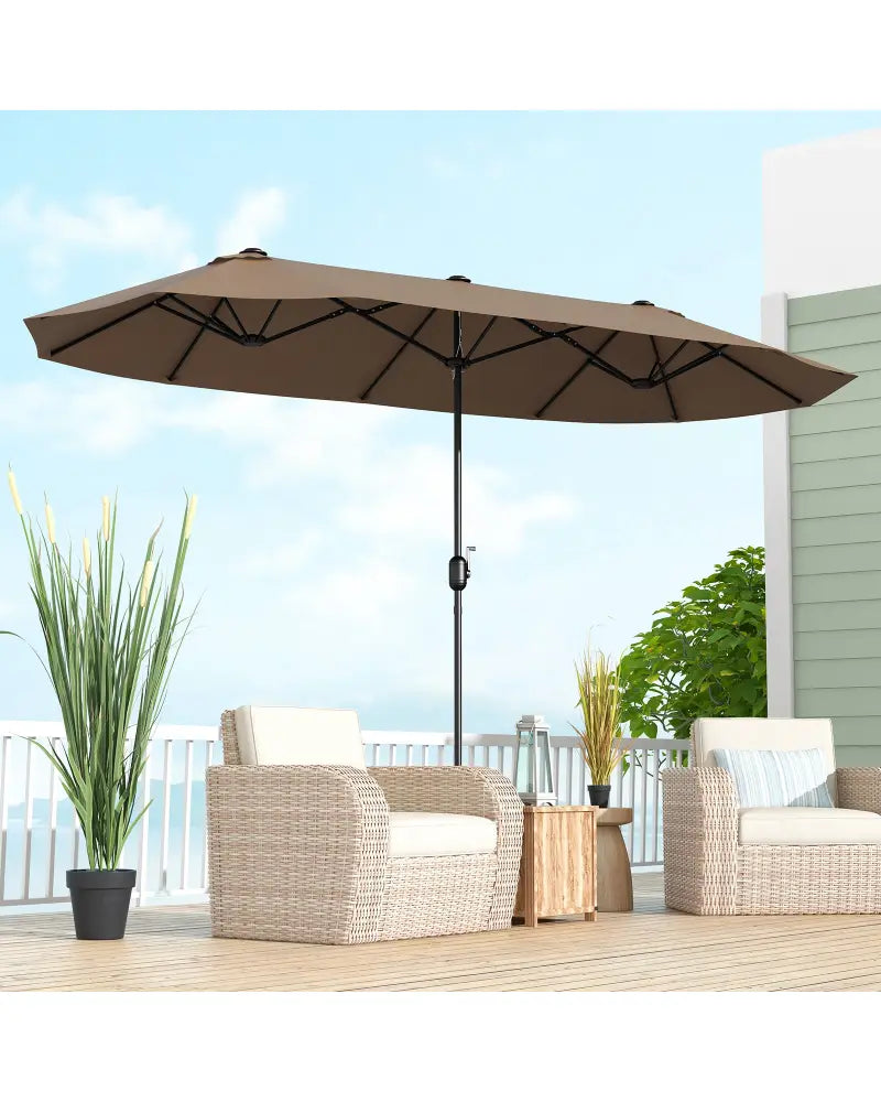 13FT Double-sided Patio Twin Table Umbrella with Crank Handle-Tan - Tan - Outdoor Umbrellas