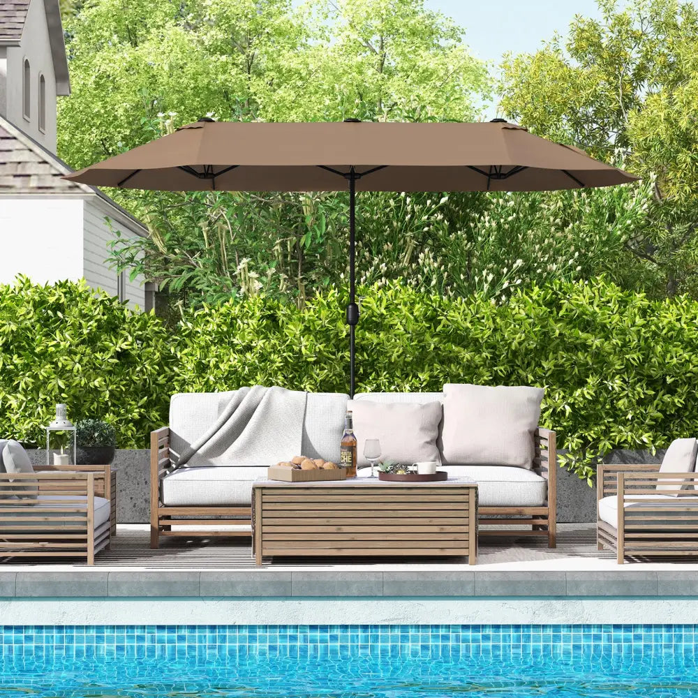 13FT Double-sided Patio Twin Table Umbrella with Crank Handle-Tan - Tan - Outdoor Umbrellas
