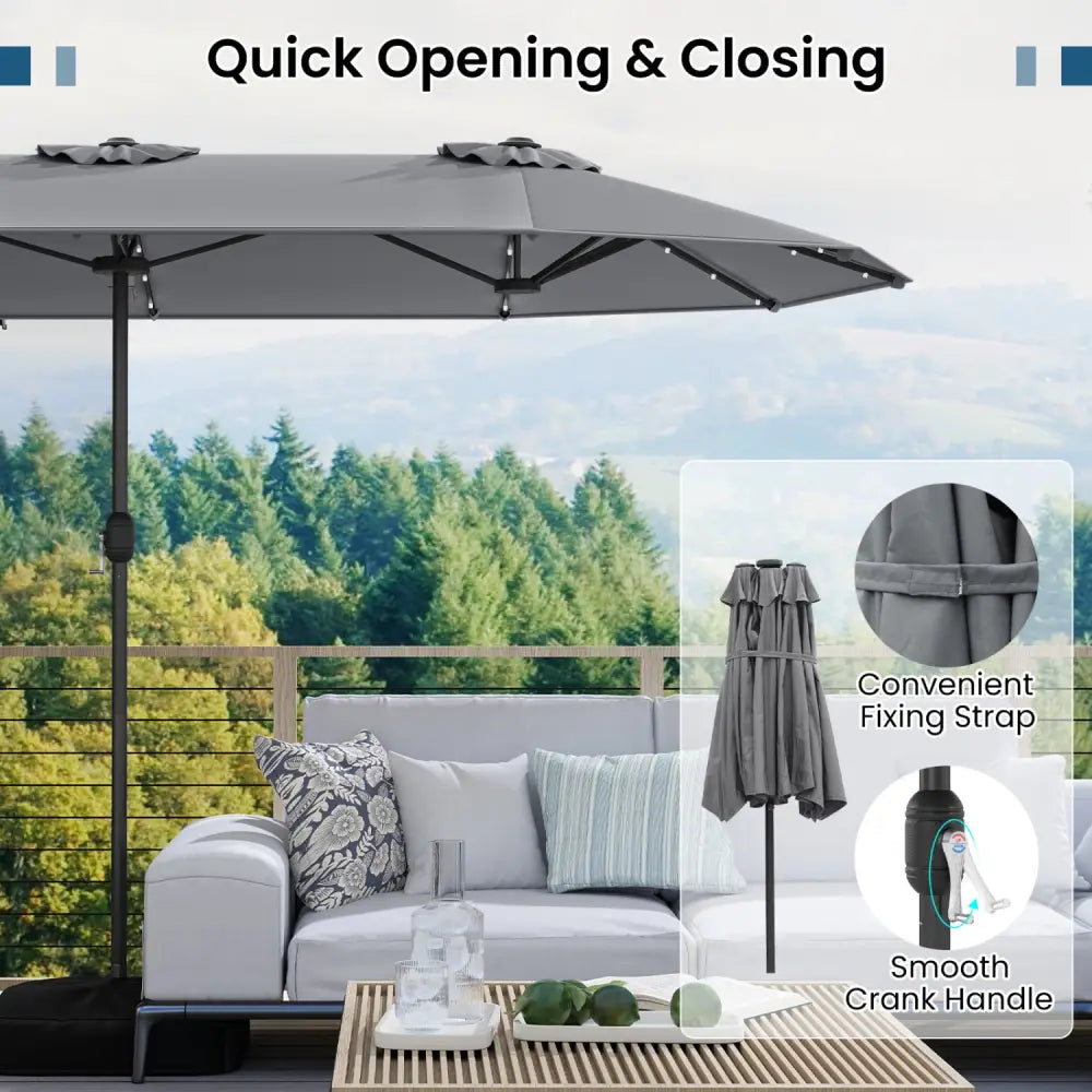 13FT Double-sided Patio Umbrella with Solar Lights for Garden Pool Backyard-Gray - Gray - Outdoor Umbrellas