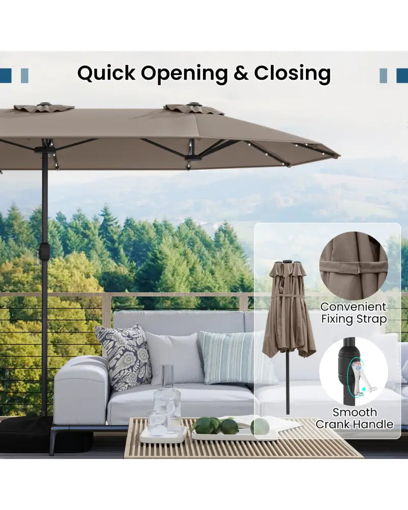 13FT Double-sided Patio Umbrella with Solar Lights for Garden Pool Backyard-Coffee - Coffee - Outdoor Umbrellas