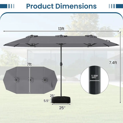13FT Double-sided Patio Umbrella with Solar Lights for Garden Pool Backyard-Gray - Gray - Outdoor Umbrellas