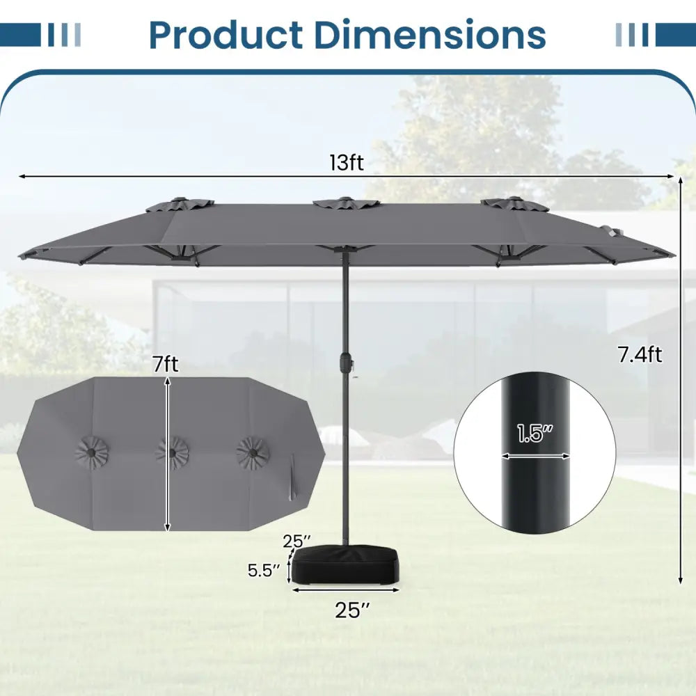 13FT Double-sided Patio Umbrella with Solar Lights for Garden Pool Backyard-Gray - Gray - Outdoor Umbrellas
