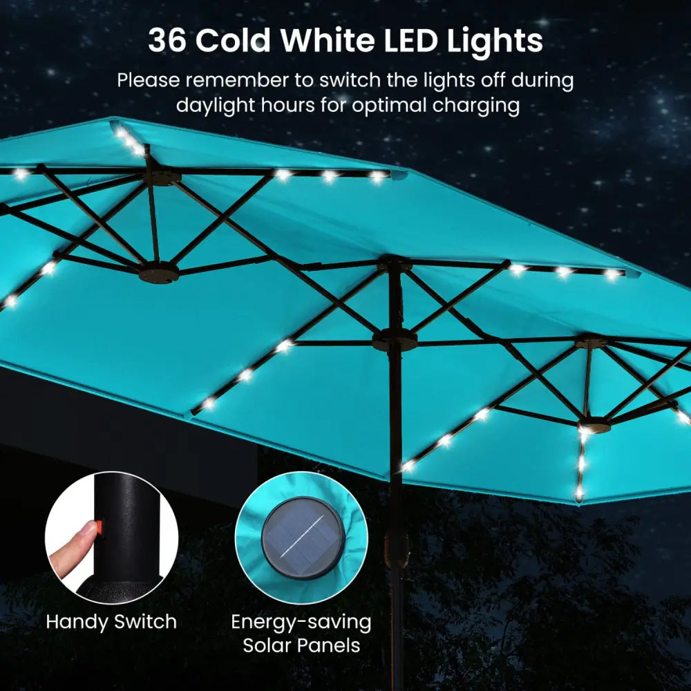 13FT Double-sided Patio Umbrella with Solar Lights for Garden Pool Backyard-Turquoise - Turquoise - Outdoor Umbrellas