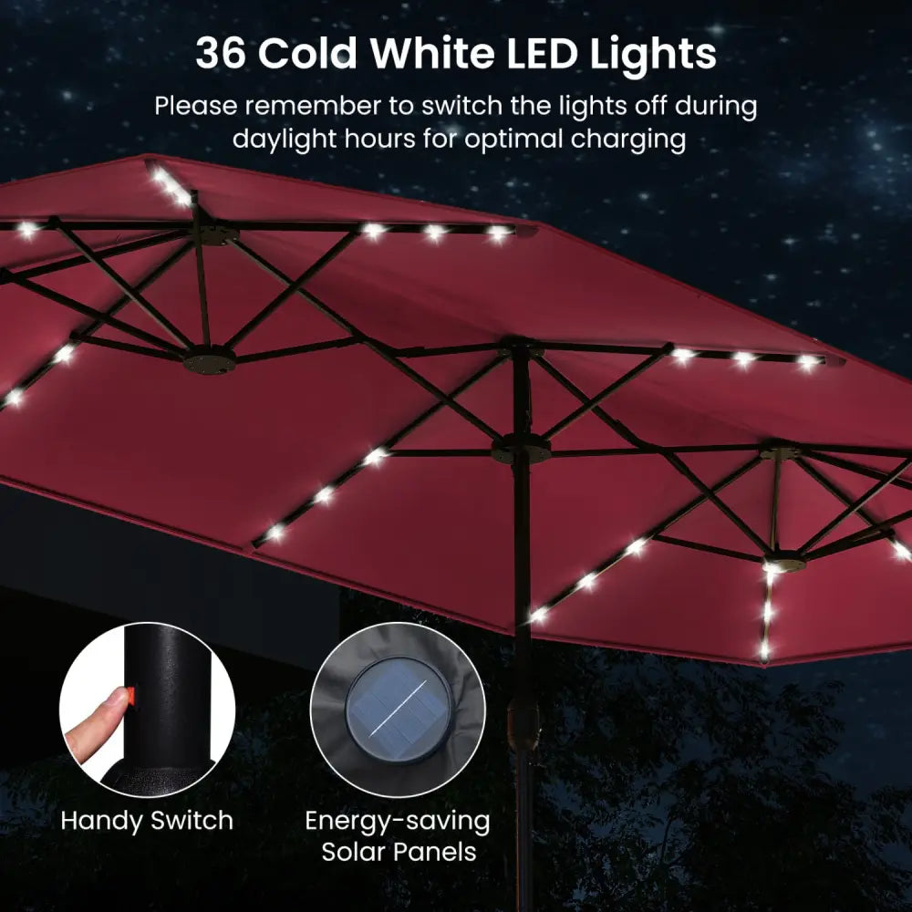 13FT Double-sided Patio Umbrella with Solar Lights for Garden Pool Backyard-Red - Red - Outdoor Umbrellas