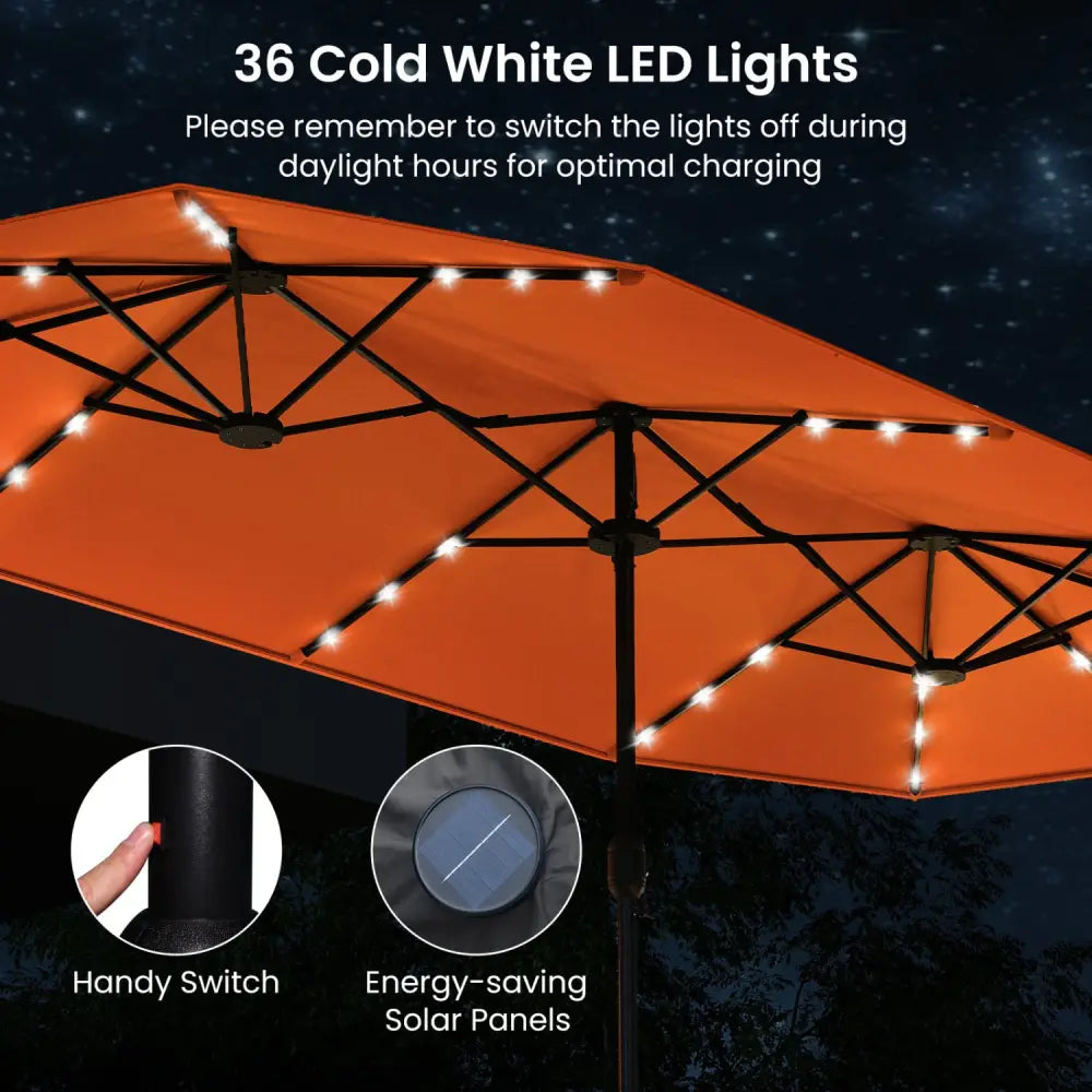 13FT Double-sided Patio Umbrella with Solar Lights for Garden Pool Backyard-Orange - Orange - Outdoor Umbrellas