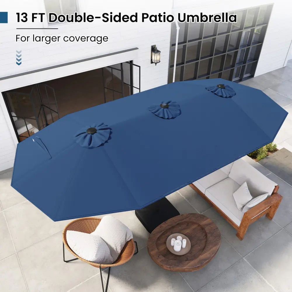13FT Double-sided Patio Umbrella with Solar Lights for Garden Pool Backyard-Navy - Navy - Outdoor Umbrellas