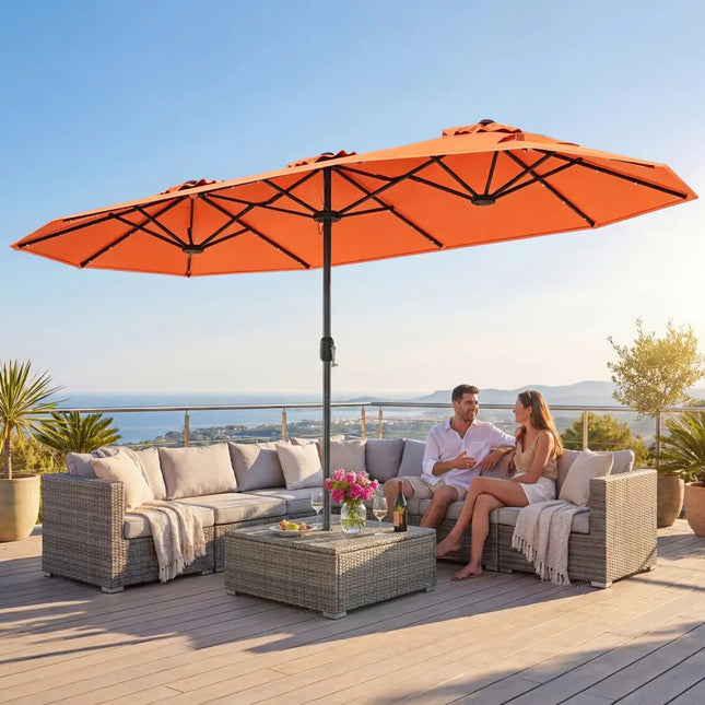 13FT Double-sided Patio Umbrella with Solar Lights for Garden Pool Backyard-Orange - Orange - Outdoor Umbrellas