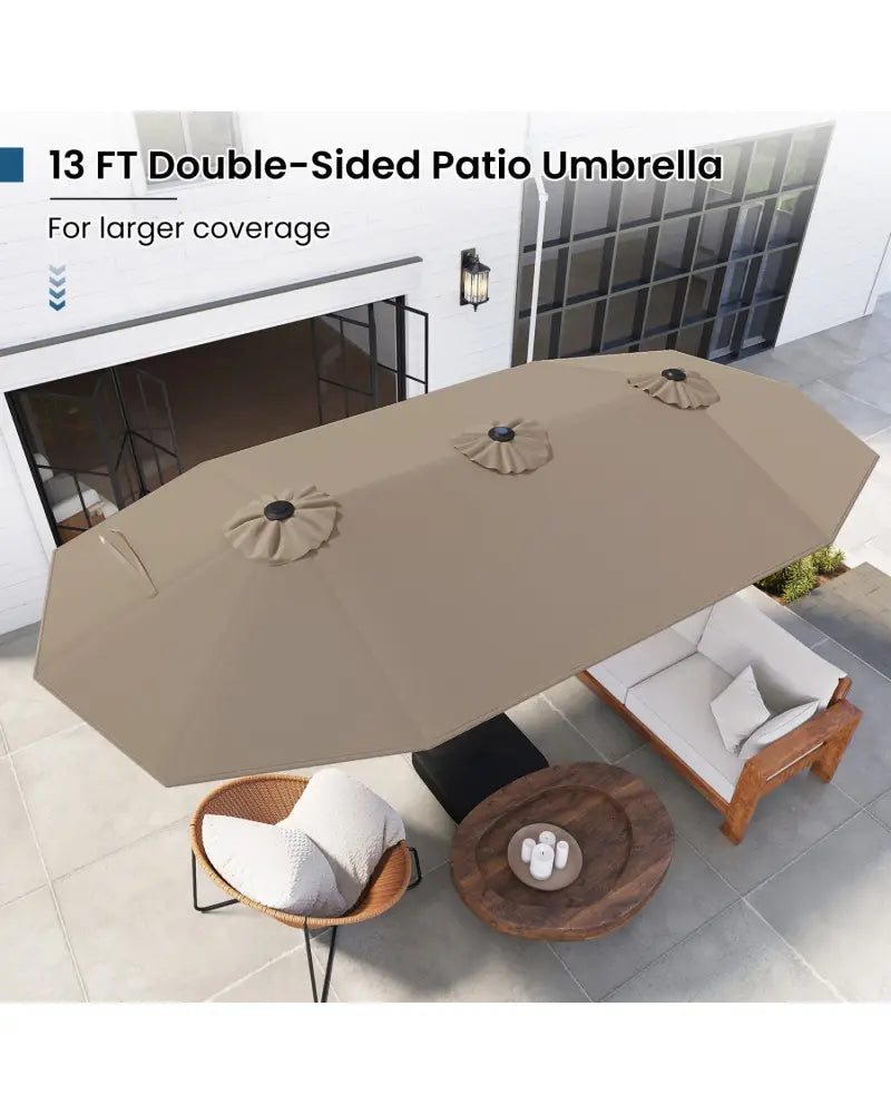 13FT Double-sided Patio Umbrella with Solar Lights for Garden Pool Backyard-Coffee - Coffee - Outdoor Umbrellas