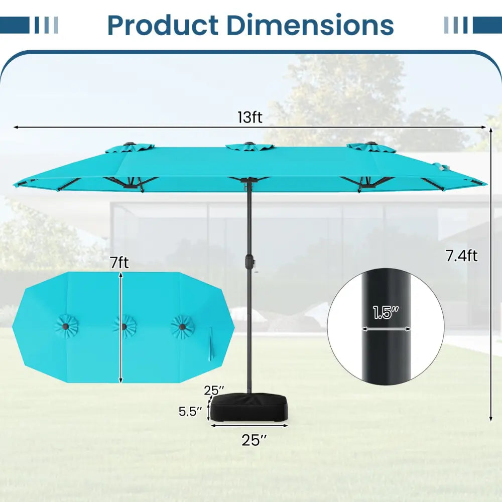 13FT Double-sided Patio Umbrella with Solar Lights for Garden Pool Backyard-Turquoise - Turquoise - Outdoor Umbrellas